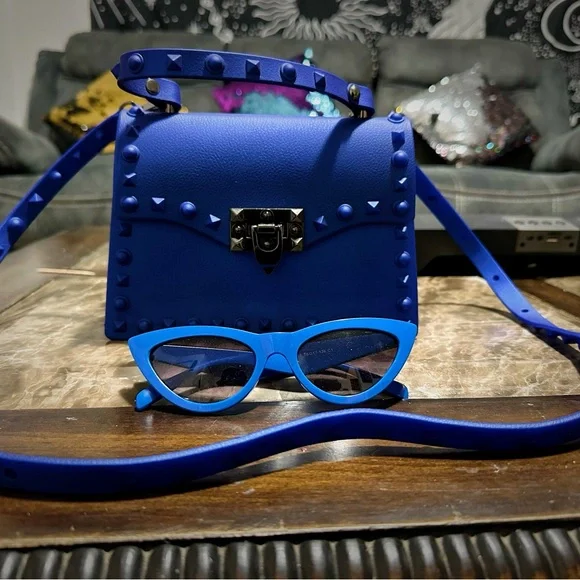 Blue Studded Women's Bag and blue sunglasses - Picture 5 of 7